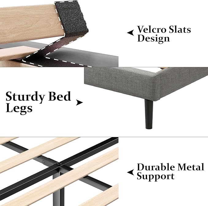 Twin Bed Frames with Wingback Headboard, Upholstered Platform Beds, No Box Spring Needed Sturdy Wooden Slat Support, Easy Assemble, Light Gray