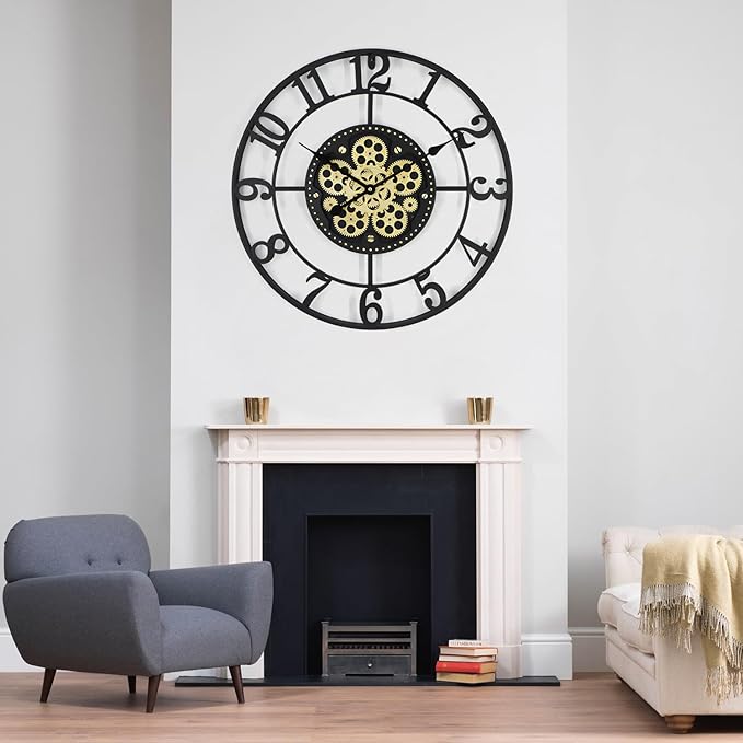 24In Large Wall Clocks for Living Room Decor with Moving Gears,Large Wall Clock Industrial Steampunk,Oversized Metal Analog Wall Clocks for Home Battery Operated (Accessories Color May Vary)
