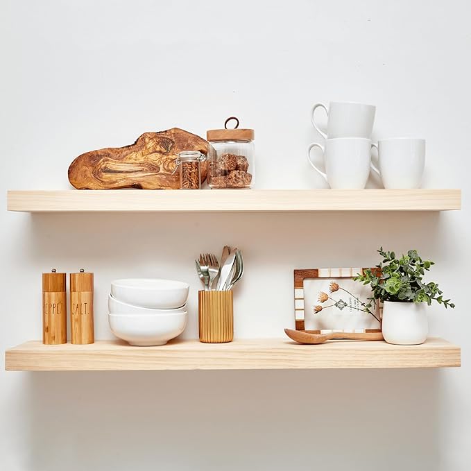 Homeforia 36 inch Natural Floating Shelf, High End Solid Real Wood 36inch Small Floating Shelves for Wall Mounted, Natural Wooden Floating Shelves, Heavy Duty Bracket, 36 X 6.5 X 1.75 in, Set of 3