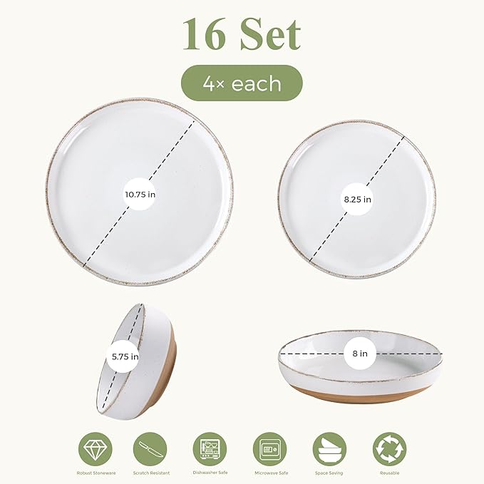 AmorArc Ceramic Dinnerware Sets with Pasta Bowls for 4, Handpainted Plates and Bowls Set with Rustic Terracotta Underside, Scratch Resistant Dishes Set, Dishwasher & Microwave Safe, 16 Pcs-White