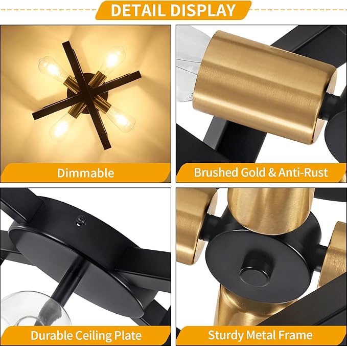 Modern Black and Brushed Gold Semi Flush Mount Ceiling Light, 4-Light Industrial Geometric Light Fixture, Ceiling Lights for Hallway Entryway Laundry Kitchen Dining Room Bedroom Lighting, UL Listed