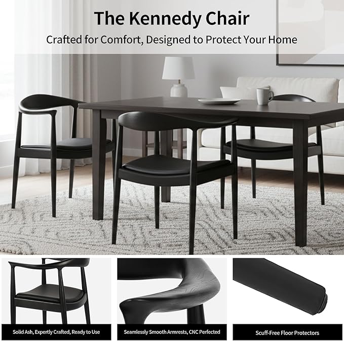 Tomile Upholstered Dining Chair Kennedy Armchair, Mid Century Modern Kitchen & Dining Chairs with PU Leather Cushion Seat, Hans Wegner Elbow Chair for Living Room Bedroom Office (Black Color)