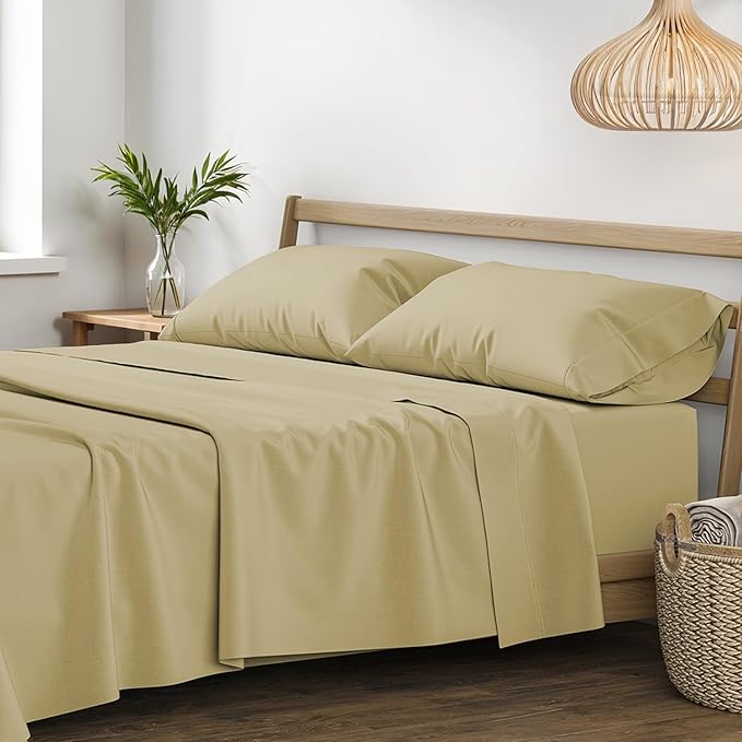 XOOX Linen 100% Egyptian Cotton Sheets California King Size - 1200 Thread Count 4 PC Cal King Sheet Egyptian Cotton, Cooling Sateen Sheet, High Thread Count Sheets California King - Beige