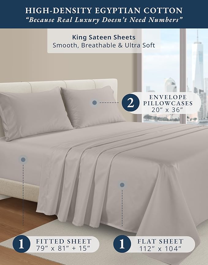 LANE LINEN 100% Egyptian Mercerized Cotton King Size Sheets Set, Eco Friendly No Pill Fade Resistant 15 Iinch Deep Pocket King Sheet Set - Nacreous Clouds