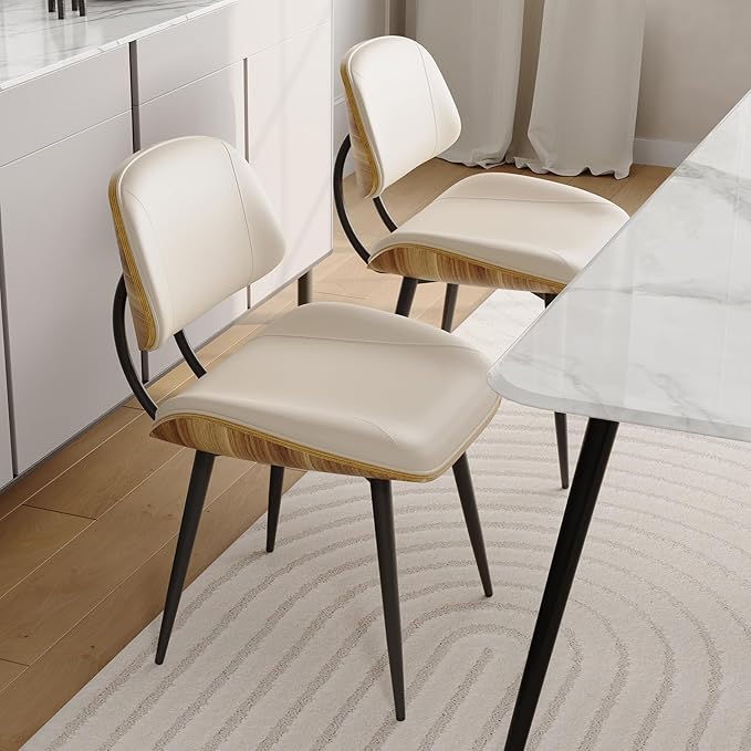 Mid Century Modern Dining Chairs Set of 2, PU Leather Armless Kitchen Chairs with Walnut Bentwood Back & Metal Legs, Sturdy Retro Accent Chairs for Dining Room, Living Room, Beige