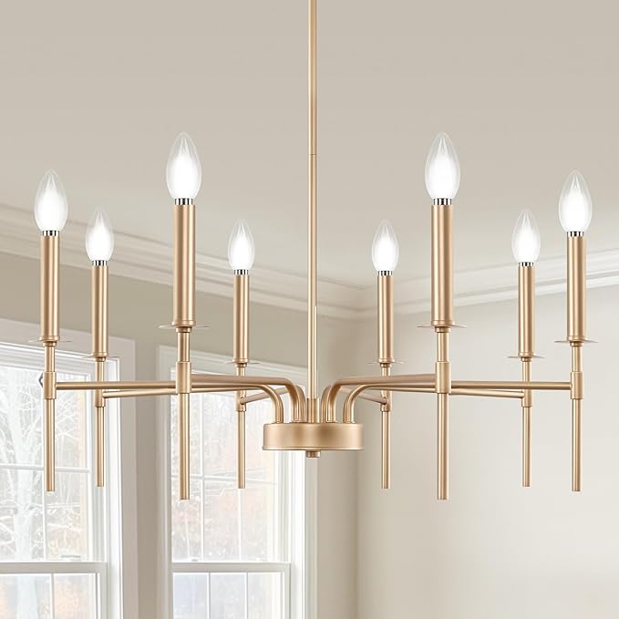 DORESshop Modern Chandelier for Dining Room, 8-Light 26.8" Gold Modern Chandelier for Dining Room, Adjustable Height Light Fixtures Over Table for Bedroom Kitchen Island Living Room