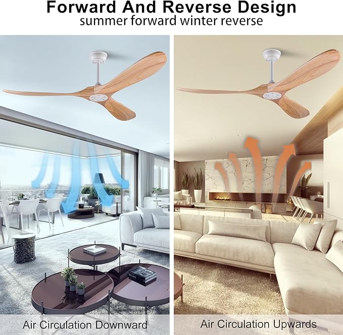 60 Inch Wood Ceiling Fan Without Light, Reversible DC Motor,3 Blades Modern Ceiling Fan no Light with Remote Control for Outdoor Indoor Living Room Farmhouse Patios