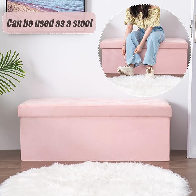 BRIAN & DANY 43 Inches Ottoman with Storage, Velvet Storage Ottoman Bench, End of Bed Benches, Folding Ottomans for Bedroom, Living Room and Entryway (Pink)