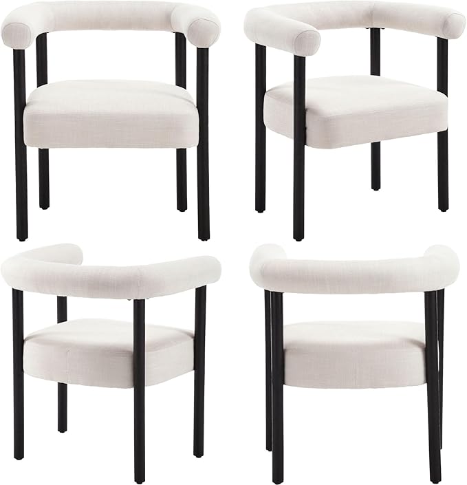 Mid-Century Modern Dining Chairs Set of 4, Armrest Barrel Dining Chairs Side Accent Chairs with Curved Back, Upholstered Wood Armchairs for Kitchen, Linen Beige