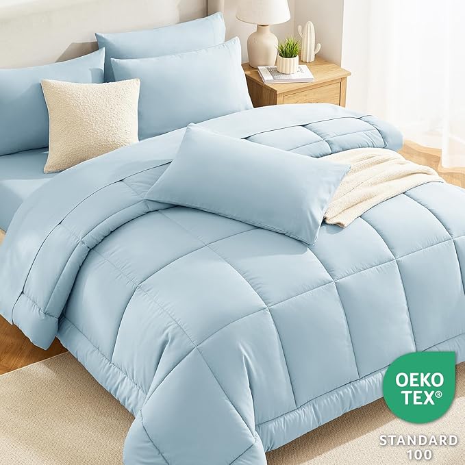 CozyLux Twin XL Comforter Set Light Blue, 5 Pieces Twin Extra Long Bed in a Bag for College Dorm, All Season Bedding Set with Stitch Quilted Comforter, Flat Sheet, Fitted Sheet, Pillowcases