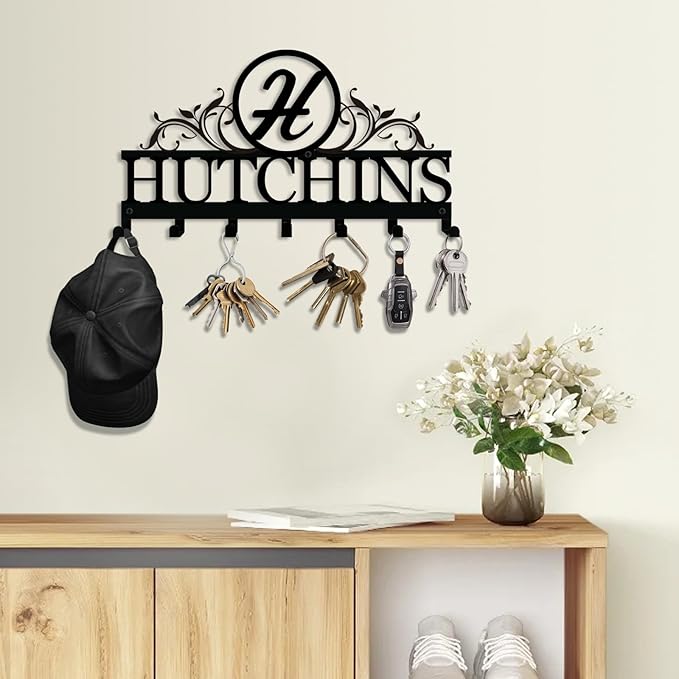 Custom Metal Key Holder for Wall – Personalized Family Name Monogram Rack with 7 Hooks for Entryway, Front Door, Kitchen, Bathroom, Living Room Bedroom, Anniversary Couple Gift