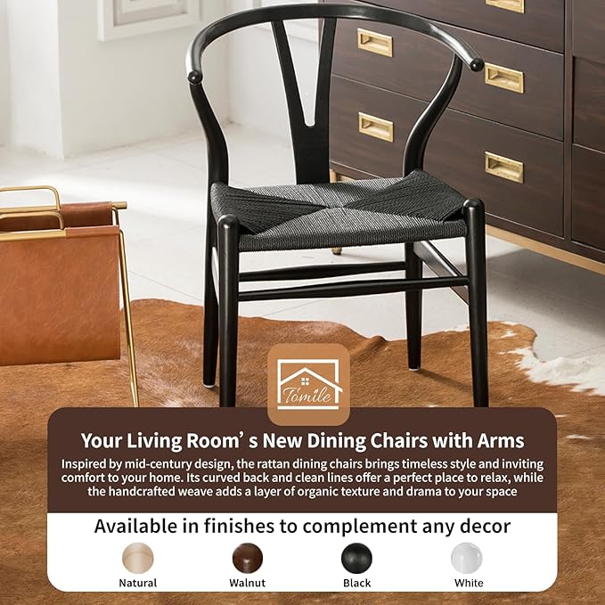 Tomile Wishbone Chair Y Chair, Wooden Dining Chairs Set of 2, Mid Century Modern Chairs with Arms, Solid Wood Weave Seat Kitchen & Dining Room Chairs (Ash Wood - Black)