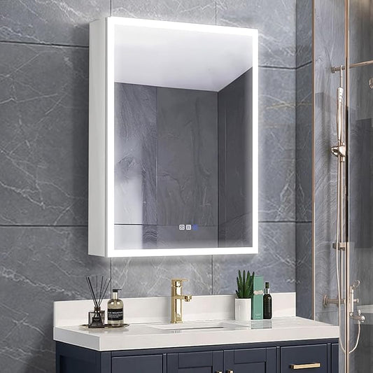GroGro Lighted Medicine Cabinet with Mirror and Storage,24" W x 30" H LED Bathroom Medicine Cabinet with Mirror,Surface or Recessed Mounting,Defog,Dimming,3-Color Temperature,Left Opening Door