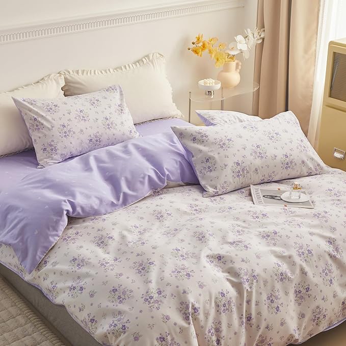 LifeTB Cotton Floral Duvet Cover Queen Vintage Style Purple Floral Bedding Set Chic Garden Flower Duvet Cover Boho Floral Botanical Comforter Cover with 2 Pillowcases Cottagecore Bedding Set Queen