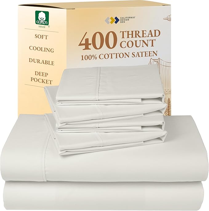 California Design Den 6-Pc King Size Sheet Set with 4 Pillowcases - Soft 400 Thread Count 100% Cotton Sheets, Cooling Sateen Weave, Luxury Deep Pocket Bedsheets Set - Ivory (Pale Tone)