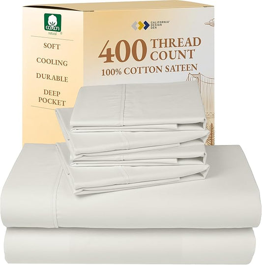 California Design Den 6-Pc Queen Size Sheet Set with 4 Pillowcases - 400 Thread Count 100% Cotton Sheets, Cooling Sateen Weave, Luxury Deep Pocket Bedsheets Set - Ivory (Pale Tone)