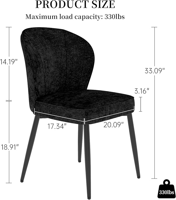 Dining Chairs Set of 2, Modern Fabric Dining Room Chairs with Curved Backrest Well-Padded Seat, Upholstered Kitchen Chairs for Living Dining Room, Black