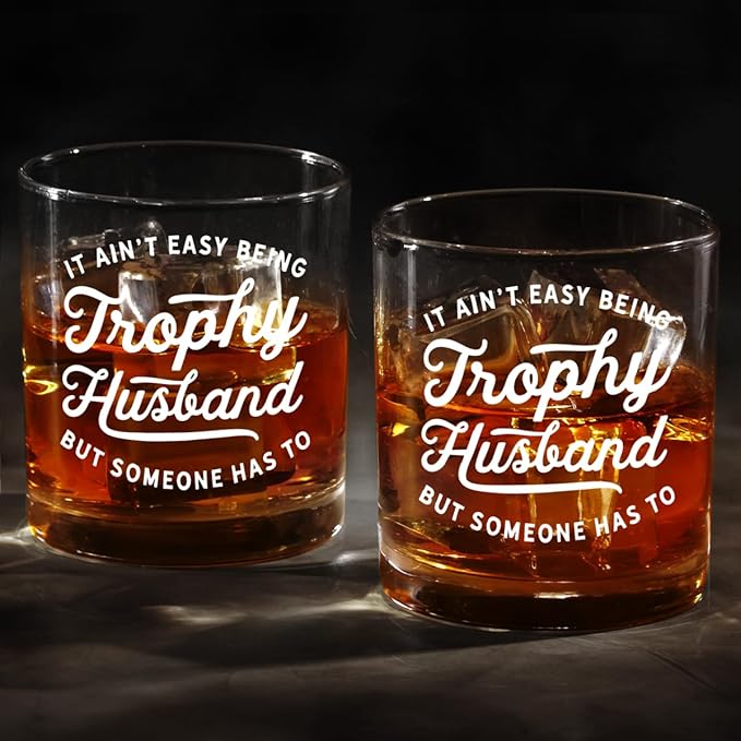 DOPTIKA Christmas Birthday Gifts For Him, 11 Oz Novelty Old Fashioned Glass, Anniversary Husband Gift From Wife, Bourbon Gifts For Men, It Ain't Easy Being A Trophy Husband Whiskey Glass