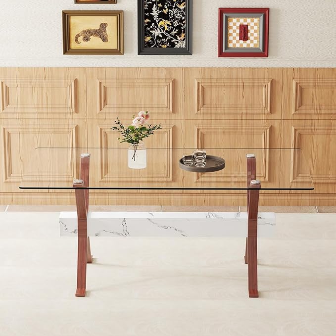 Glass Dining Table 71"｜Modern Dining Table for 6｜0.4" Thick Tempered Glass Top｜Walnut Pattern Metal Legs｜Marble Crossbar｜Easy Assembly｜Perfect for Dining Room or Kitchen