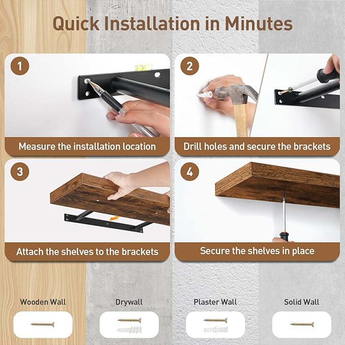 Floating Shelves for Wall, 1.5" Thick Wall Shelf Set of 3 with Invisible Brackets, L31.5 x W7.9 Hanging Shelves Farmhouse Home Decor for Bathroom, Living Room, Bedroom, Rustic Brown 8301BJP3BF