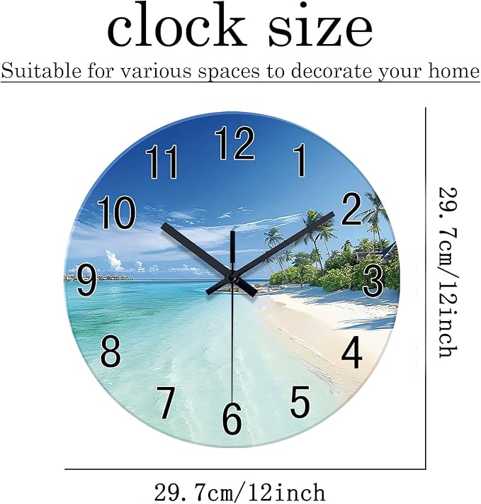 XFM Blue Beach Wall Clocks Battery Operated 12 Inch Round Glass Silent Wall Clock Coastal Nautical Wall Clocks for Living Room Bedroom Kitchen Decor