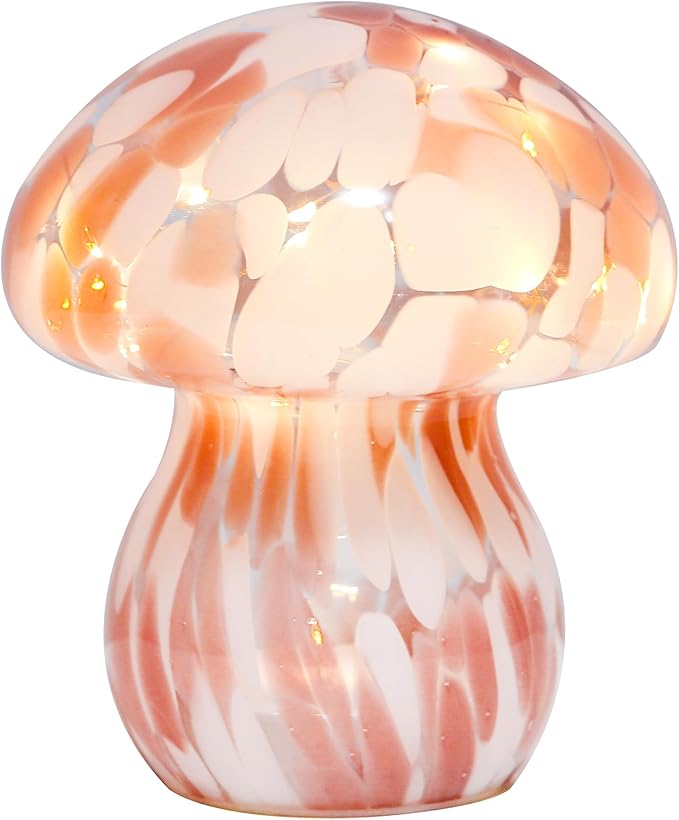 Glass Mushroom Table Lamp, 5.9" Cute LED Night Light for Home Decor, Battery Operated (3 AA), Modern Ambient Light for Living Room Bedroom Office Light Pink