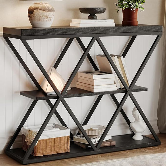 Garvee 3-Tier Entryway Table, Industrial Console Sofa Table with Storage, Accent Table with Open Shelves, X-Shaped Metal Frame, Foyer Table for Entryway, Hallway, Black