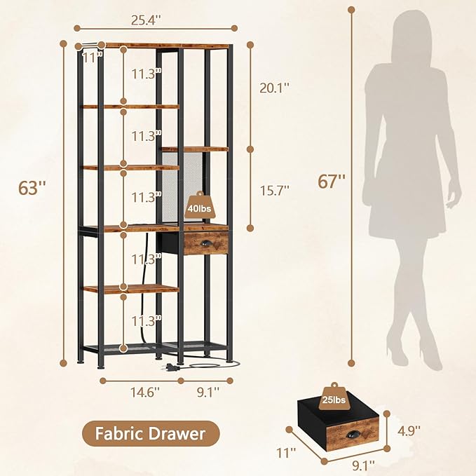 Furologee Bookshelf with USB Ports and Outlets, Shelf with Drawer, Industrial Display Shelves with Charging Station, 6 Tier Storage Shelves for Bedroom, Living Room, Home Office, Rustic Brown