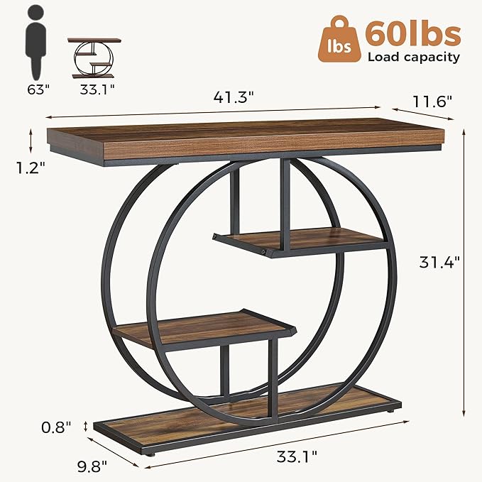 41.3" Sofa Table, Industrial 4-Tier Entryway Table with Circle Base and 1.7" Thickened Top, Narrow Console Table with Storage for Living Room, Hallway, Foyer, Rustic Brown
