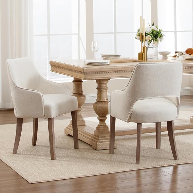 Linen Dining Chairs Set of 6, Upholstered Farmhouse Kitchen Chair Accent Chairs Side Chair with Wood Legs for Living Room/Dining Room/Bedroom/Restaurant, Upgraded Size, Cream