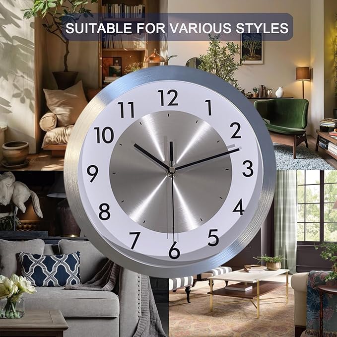 Non Ticking Silent Wall Clock Decorative,Analog Metal Wall Clock Battery Operated,Living Room/Office/Kitchen Clock,10 inch