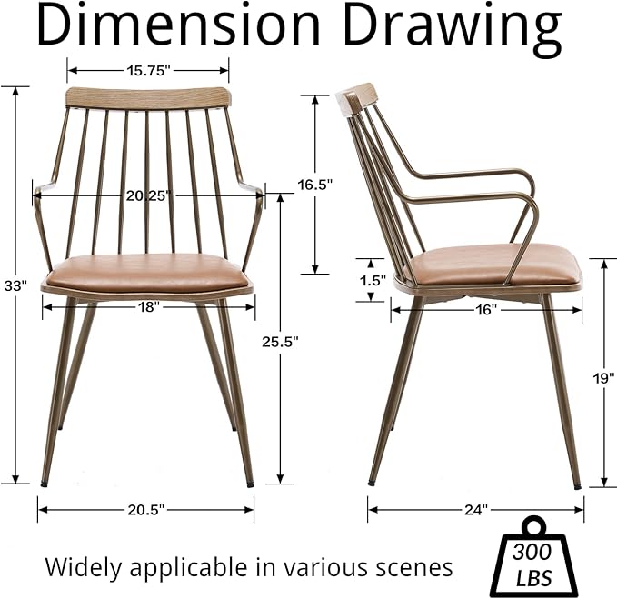 Modern Dining Chairs Set of 4, PU Upholstered Dining Chairs with Metal Legs, Wood Kitchen Chairs with Fence-Like Back and Curved Arm for Dining Room Kitchen Restaurant Reception (Brown)