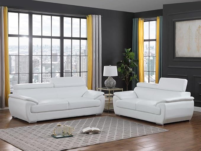Blackjack Furniture 4571 Veal Collection Modern Genuine Leather Loveseat with Adjustable Headrest, Sturdy Wood Frame and Stainless Steel Legs, Stylish Living Room Love Seat, White