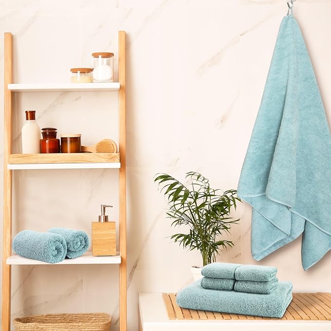 SEMAXE Bath Towel Set, 100% Cotton Bathroom Towels with Hanging Loops and Nano-Bio Lifecycle Labels, 8 Piece Towel Set Include 2 Bath Towels, 2 Hand Towels, 4 Washcloths, Blue