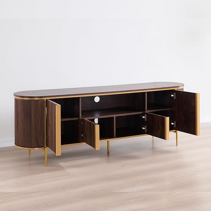 OKD Luxury 70" Fluted TV Stand, Modern Chic Entertainment Center for TVs Up to 80 inches, TV Console with Faux Marble Top, Curved Profile Design, Media Console for Living Room, (Dark Walnut)