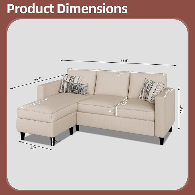 JAMFLY Sectional Sofa Couch Convertible L Shaped Sofas with Ottoman Small Sectional Couches for Living Room, 3 Seater Couch for Small Spaces, Khaki