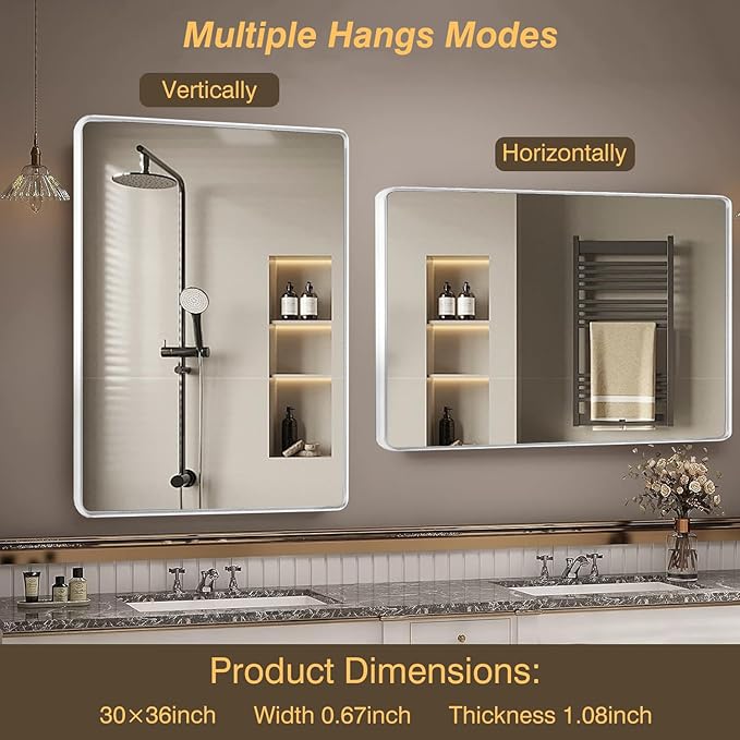 Silver Framed Mirrors for Bathroom,72 x 36 Inch Rounded Conner Rectangle Mirror for Wall, Matte Silver Vanity Mirror with Tempered Glass,Hangs Horizontally or Vertically