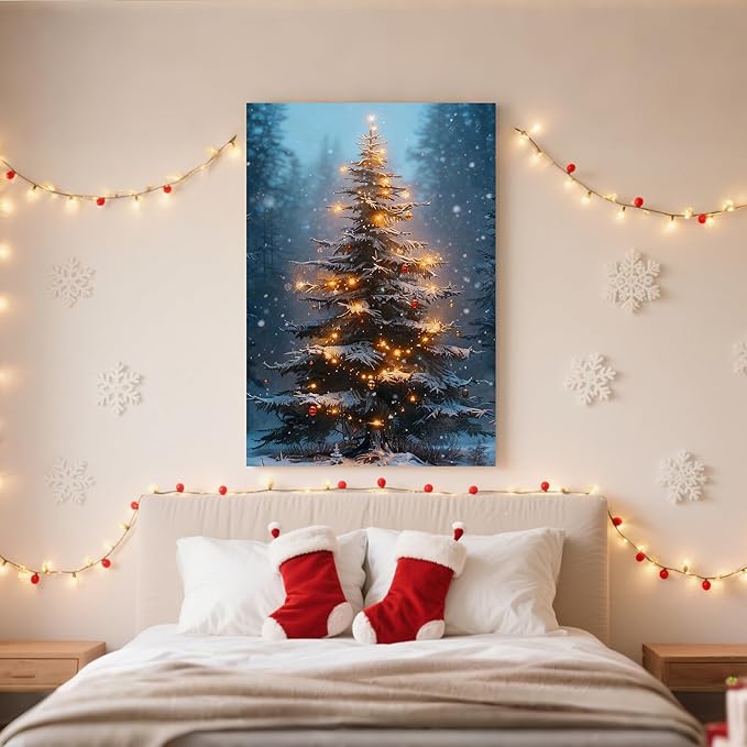 Framed Christmas Pictures Wall Decor,Vintage Pine Tree Prints,Winter Christmas Canvas Wall Art Decoration for Bedroom Bathroom Living Room Rustic Xmas Holiday Gifts (Christmas Tree 3, 16'' X 20'')