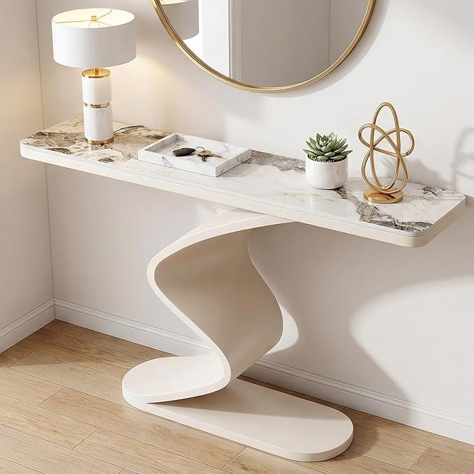 Modern Console Table with Sintered Stone Top, 47" Entryway Table with Sculptural S-Shaped Base Narrow Hallway Sofa Table Behind Couch for Living Room, Accent Furniture(White,39.3"x11.8"x31.5")