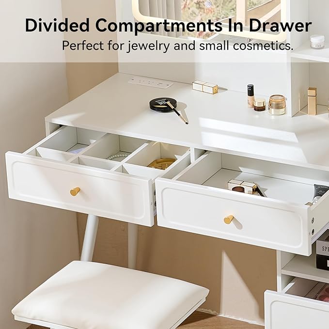Merax 58" Large Vanity Desk with Mirror and Lights, Modern White Makeup Vanity Set with Stool and Power Outlet, Retractable Dressing Table with Drawers and Side Cabinet for Bedroom Women