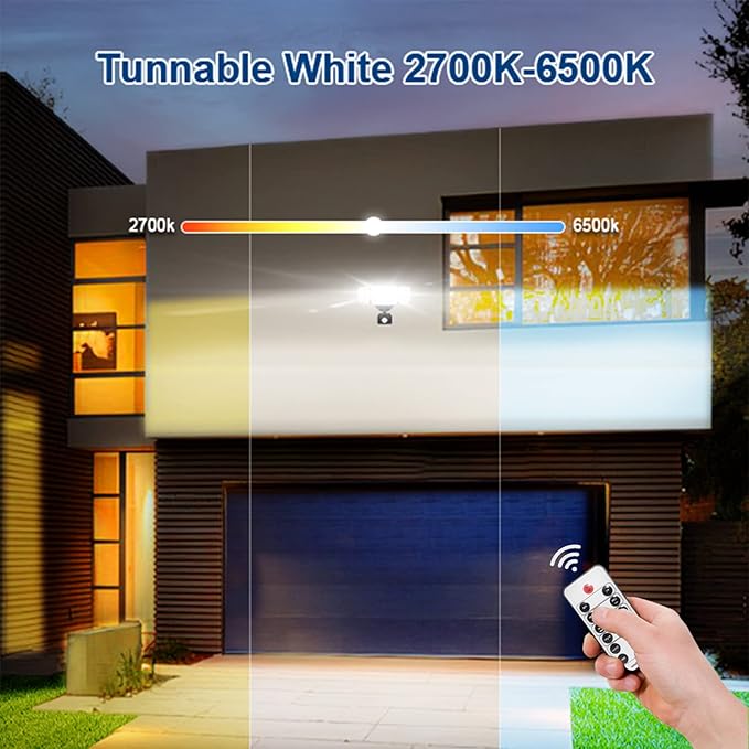 EMANER Outdoor Security Light Remote Control, 280W Equiv. Motion Sensor Floodlight, Keep On or Motion Activated, Tunable White, 110V Dimmable Wall Light for Garage (Black, 1-Pack)