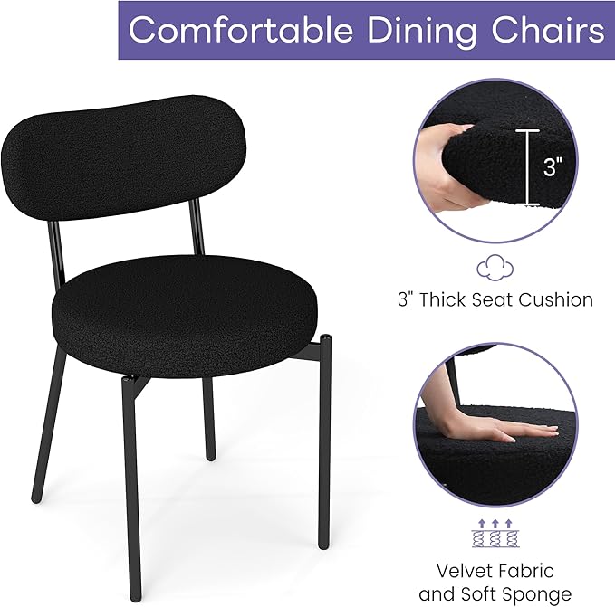 Dining Chairs Set of 4 pcs, Boucle Upholstered Comfortable Seat with Curved Backrest, Mid-Century Modern & Scandinavian Designer Style, Ideal for Dining Room & Kitchen, Black