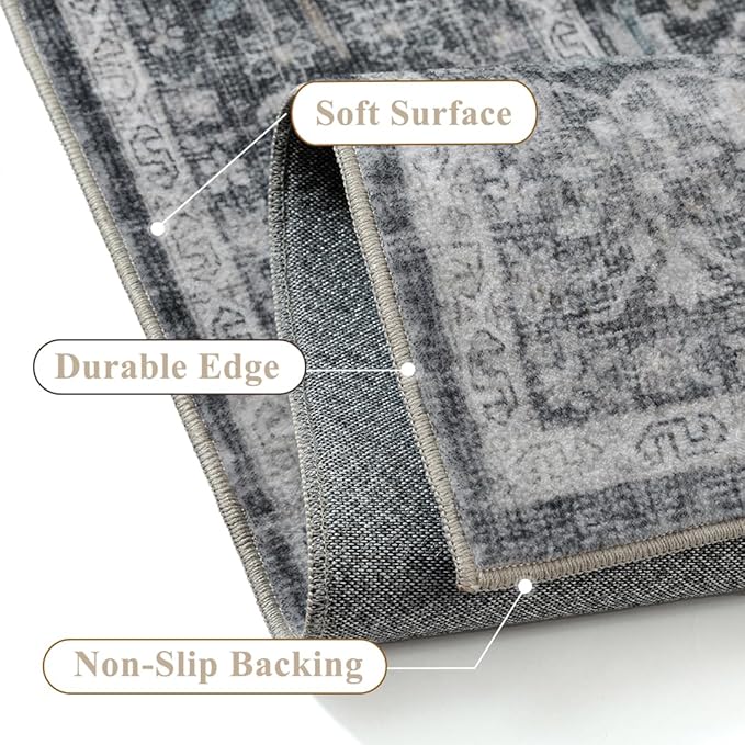Blue 5x7 Area Rug Non Slip Vintage Living Room Distressed Machine Washable Carpet Retro Indoor Bedroom Floral Traditional Accent Throw Rug for Office Kitchen Dorm Dining Room