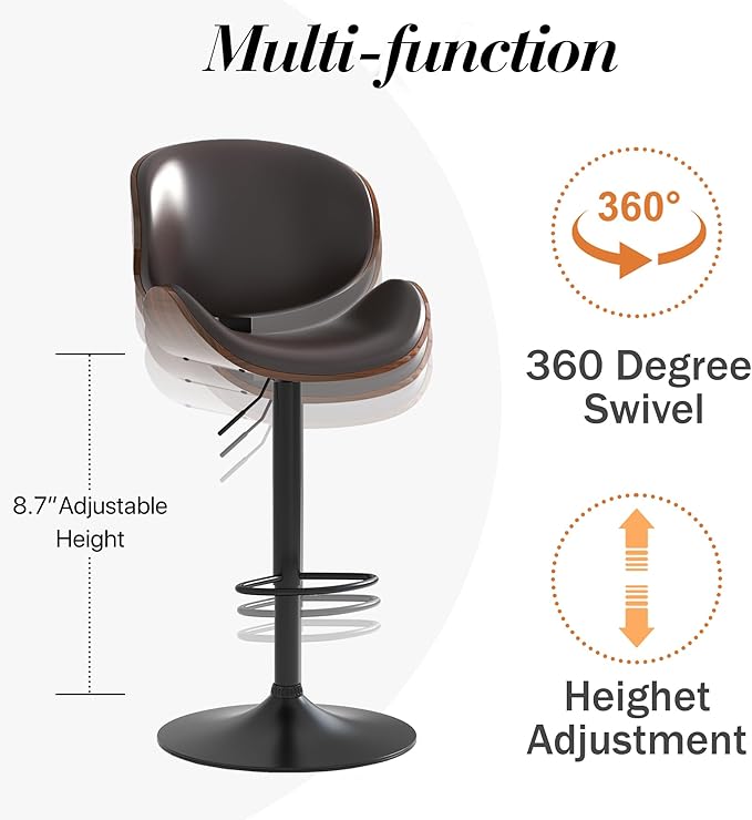 Adjustable Swivel Bar Stools 1 PC, Modern Bentwood Barstool with Large Metal Base and Footrest, PU Leather Upholstered Bar Chair with Curved Back for Kitchen Island Dining Room, Brown
