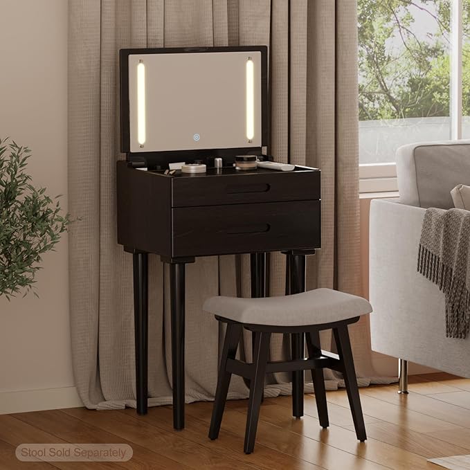 Solid Wood Small Vanity Desk with Mirror and Lights, Narrow Makeup Vanity for Small Space, Flip Top Vanity Side Table, 3 Color Modes & Adjustable Brightness, 19.6" Slim Dressing Table, Black