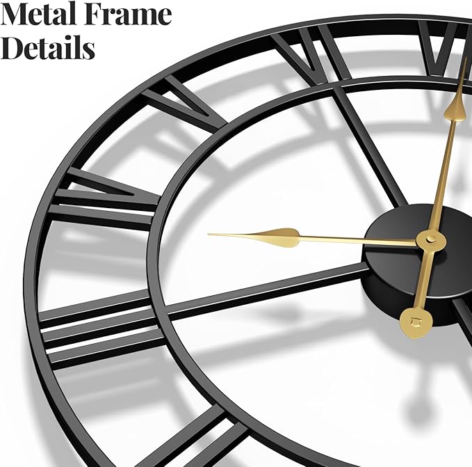 30 Inch Large Wall Clock, Modern Decorative Wall Clocks Silent Non Ticking Battery-Operated, Black Metal Round Clock for Living Room Kitchen Office Mantel - Roman Number