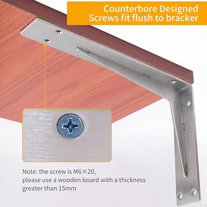 YUMORE Shelf Bracket Heavy Duty 16x10x2 in, 1/5IN Extra Thick Solid L Brackets Stainless Steel Countertop Bar Top Support Brackets Wall Mounted, Includes Hardware, 2 Pack