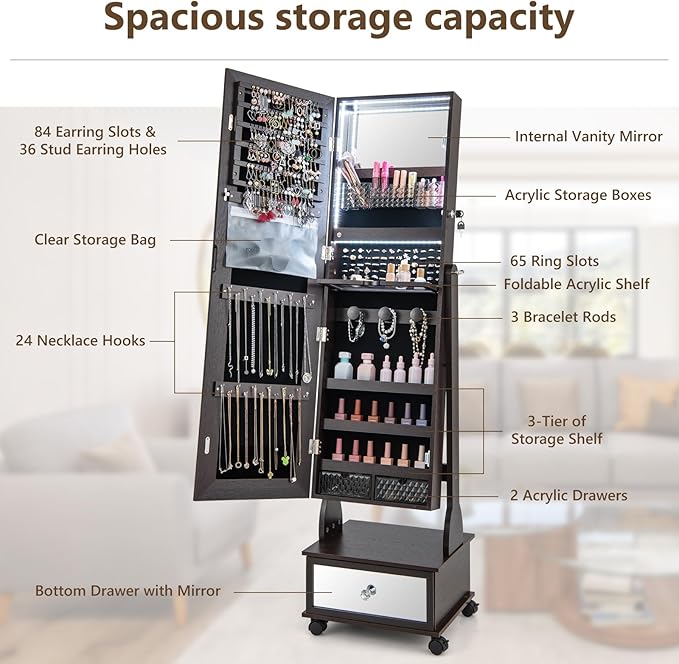 GOFLAME Standing Jewelry Cabinet Armoire with Wheels, Lockable Jewelry Storage Organizer with Full Length Mirror, 3-Color LED Lights, Interior Makeup Mirror, Jewelry Armoire for Bedroom (Brown)