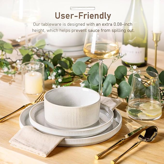 GBHOME Stoneware Dinnerware Sets for 8,Round Reactive Glaze Ceramic Plates and Bowls Set,Highly Scratch Resistant| Dishwasher & Microwave Safe Dishes Set,Service for 8(24Pcs),Sugar White