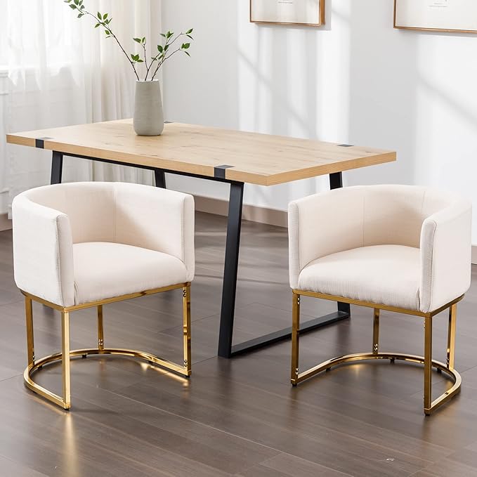Linen Fabric Dining Chair Modern Barrel Arm Chairs with Golden Frame, Upholstered Kitchen Chairs 18.5" Wide Accent Chair for Living Room Dining Room Restaurant, Cream